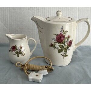 Vintage Wales Japan Electric Ceramic Teapot & Creamer Set Moss Rose Gold Trim